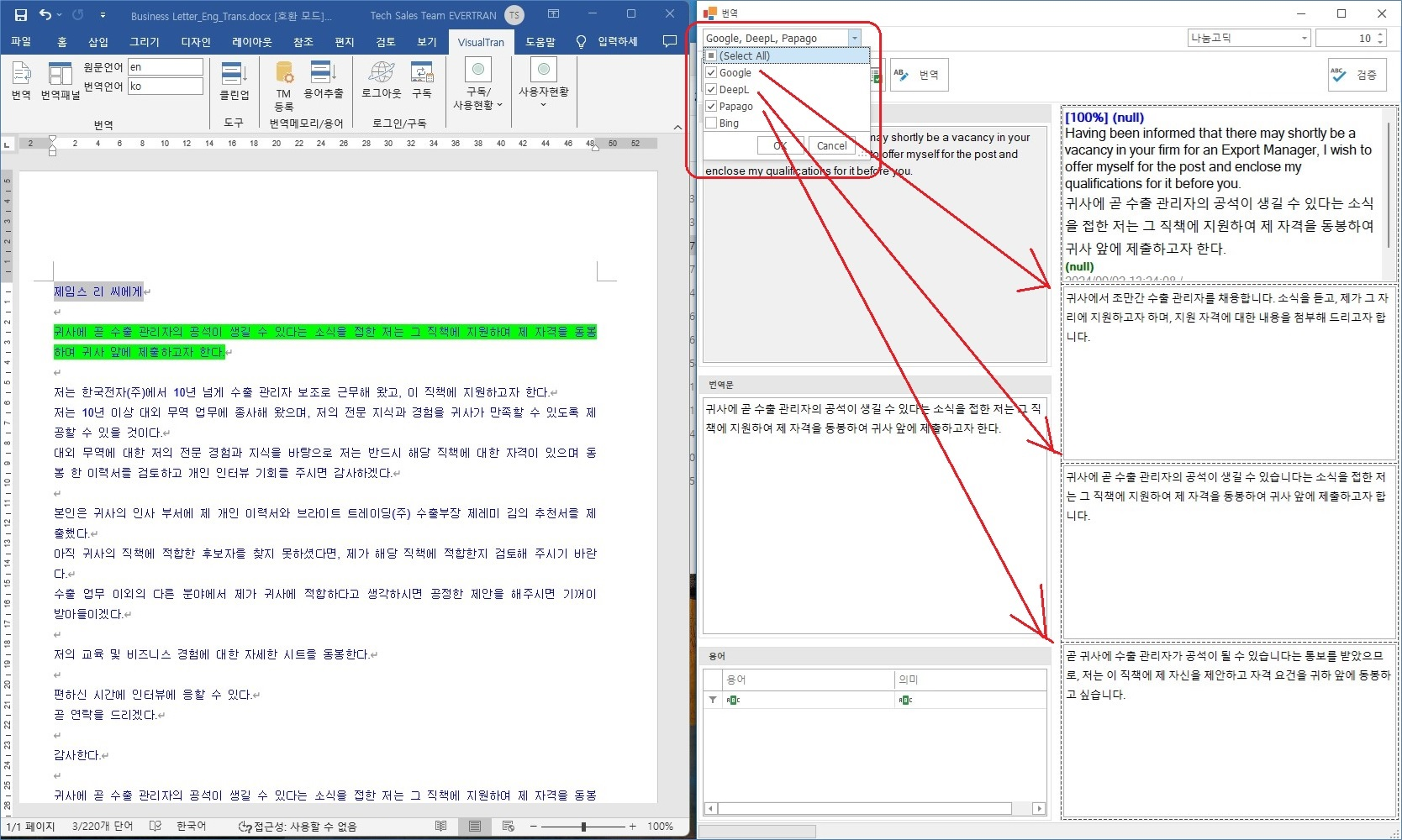 번역 패널 화면